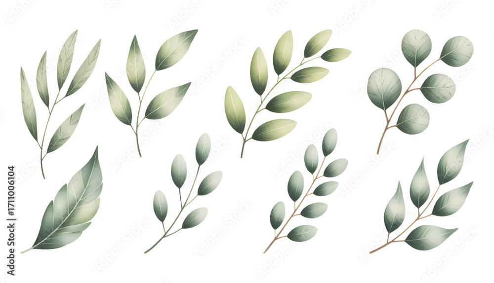 Naklejka premium Watercolor eucalyptus leaves set vector illustration. Eucalyptus foliage collection in botanical watercolor on white background.