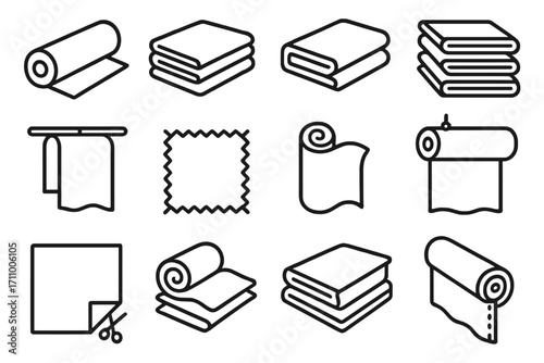 Fabric Rolls Icons. Line style icons of fabric rolls and bolts: fabric roll, folded fabric, fabric bolt, stacked bolts; hanging
