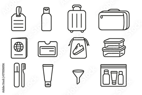 Plastic Travel Gear Icons. Line style icons of plastic travel gear: plastic luggage tag, plastic toiletry bottle, plastic travel