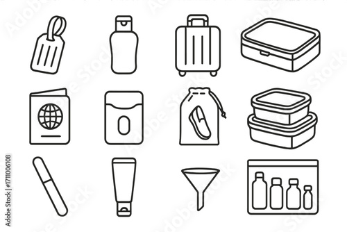 Plastic Travel Gear Icons. Line style icons of plastic travel gear: plastic luggage tag, plastic toiletry bottle, plastic travel