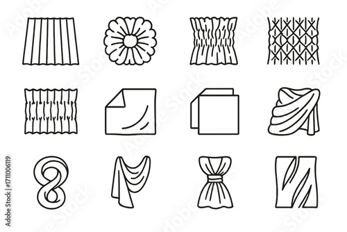 Fabric Manipulation Icons. Line style icons of fabric manipulation: pleated fabric, gathered fabric, ruched fabric, smocked fabric