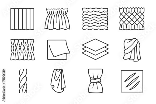 Fabric Manipulation Icons. Line style icons of fabric manipulation: pleated fabric, gathered fabric, ruched fabric, smocked fabric