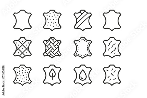 Leather Icon Styles. Line style icons of leather goods by type: leather smooth, leather suede, leather nubuck, leather patent;