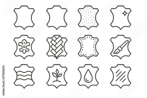 Leather Icon Styles. Line style icons of leather goods by type: leather smooth, leather suede, leather nubuck, leather patent;