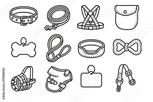 Leather Pet Gear Icons. Line style icons of leather pet gear: leather dog collar, leather leash, leather harness, leather treat