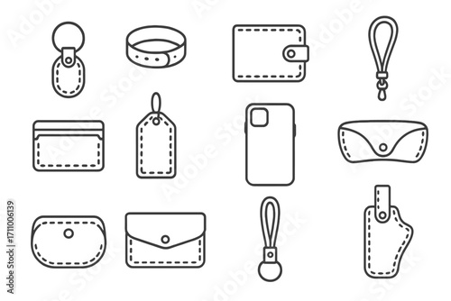 Leather Accessories Icons. Line style icons of leather accessories: leather keychain, leather bracelet, leather wallet, leather