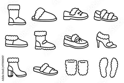 Fur Footwear Icons. Line style icons of fur footwear: fur-lined boots, fur slippers, fur-trimmed shoes, fur sandals; fur loafers,