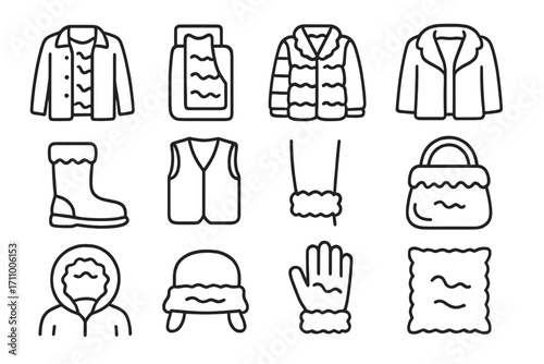 Fur Lining Icons. Line style icons of fur linings and layers: inner fur lining, removable fur liner, padded fur interior, fur