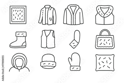 Fur Lining Icons. Line style icons of fur linings and layers: inner fur lining, removable fur liner, padded fur interior, fur