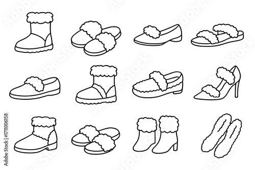 Fur Footwear Icons. Line style icons of fur footwear: fur-lined boots, fur slippers, fur-trimmed shoes, fur sandals; fur loafers,