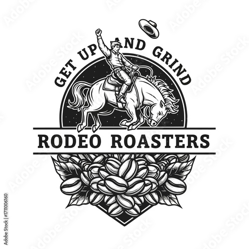A cowboy riding a bucking horse, surrounded by coffee beans, a vintage-style graphic design.