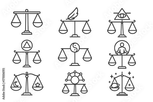 Symbolic Scales Icons. Line style icons of symbolic scales: balance scale, feather scale symbol, judgment scale, spiritual scale;