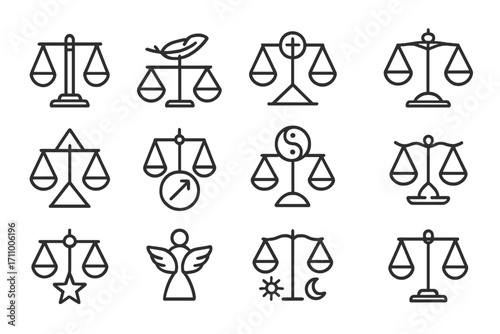 Symbolic Scales Icons. Line style icons of symbolic scales: balance scale, feather scale symbol, judgment scale, spiritual scale;