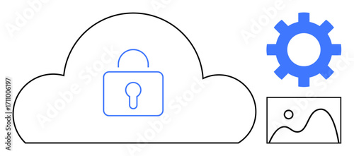 Cloud with lock for security, gear symbol for functionality, and image placeholder for content. Ideal for data protection, cloud storage, digital systems, cybersecurity, settings, control simple