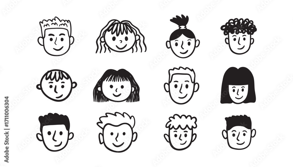 Fototapeta premium Kids faces portraits set. freehand kids pencil drawing elements. Comic child funny doodle faces set.