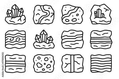 Mineral Vein Icons. Line style icons of mineral veins and seams: gold in quartz, silver vein in rock, copper line in basalt,