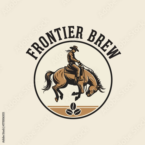A cowboy riding a bucking horse, surrounded by coffee beans, a vintage-style graphic design.