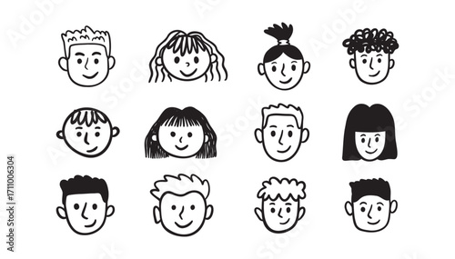Kids faces portraits set. freehand kids pencil drawing elements. Comic child funny doodle faces set.