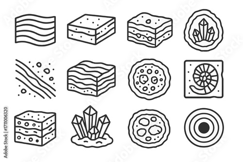 Geological Layers Icons. Line style icons of mineral layers and deposits: sedimentary band, mineral plate, ore deposit layer,