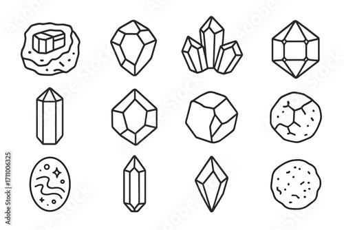 Gemstone Line Icons. Line style icons of gemstones as minerals: emerald in matrix, ruby raw stone, sapphire cluster, diamond