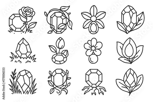 Gemstone Flora Icons. Line style icons of gems and flora: rose with ruby, vine around emerald, flower near opal, leaf over