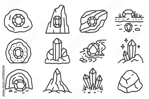 Natural Gem Line Icons. Line style icons of gems in nature: gem in rock, emerald in cliff, sapphire vein, ruby under ground; opal