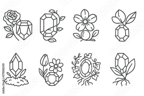 Gemstone Flora Icons. Line style icons of gems and flora: rose with ruby, vine around emerald, flower near opal, leaf over