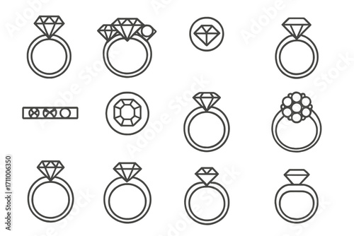Diamond Ring Icons. Line style icons of diamonds in settings: solitaire ring setting, three-stone setting, bezel diamond, prong