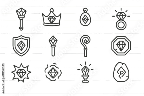 Diamond Magic Icons. Line style icons of diamond-themed magic items: gem scepter, power crown with diamond, glowing amulet,