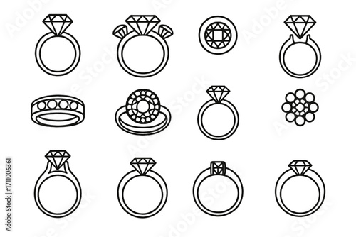 Diamond Ring Icons. Line style icons of diamonds in settings: solitaire ring setting, three-stone setting, bezel diamond, prong