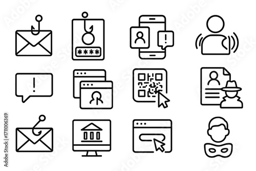 Phishing Tactics Icons. Line style icons of phishing tactics: hook on email, fake login page, SMS scam, voice phishing; urgent