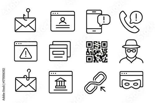 Phishing Tactics Icons. Line style icons of phishing tactics: hook on email, fake login page, SMS scam, voice phishing; urgent