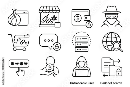 Darknet Line Icons. Line style icons of darknet activity: onion browser, marketplace icon, crypto wallet, anonymous profile;