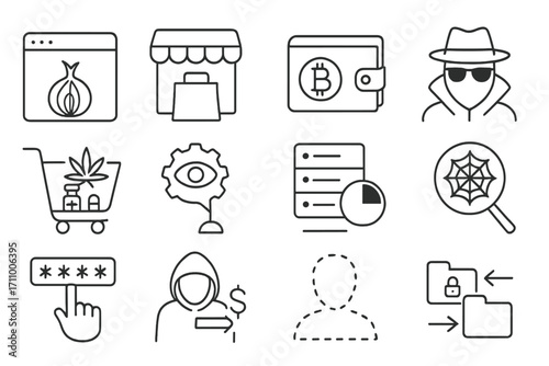 Darknet Line Icons. Line style icons of darknet activity: onion browser, marketplace icon, crypto wallet, anonymous profile;