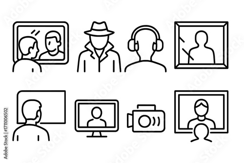 Two-Way Mirror Icons. Line style icons of two-way mirror scenes: observer behind glass, detective silhouette, headphones on viewer