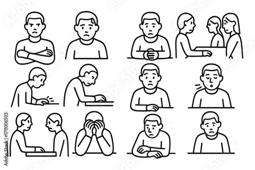 Interrogation Body Language Icons. Line style icons of body language during interrogation: crossed arms, sweating brow, clenched