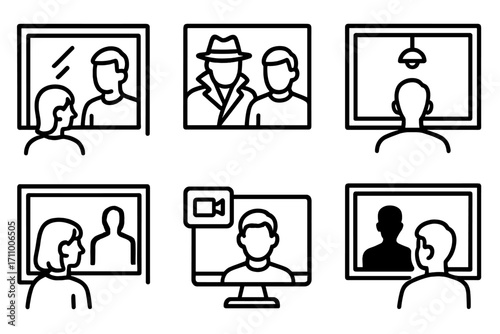 Two-Way Mirror Icons. Line style icons of two-way mirror scenes: observer behind glass, detective silhouette, headphones on viewer