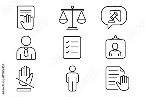 Suspect Rights Icons. Line style icons of suspect rights: hand on document, scale of justice, voice bubble with legal icon,