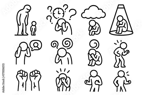 Psychological Pressure Icons. Line style icons of psychological pressure: shrinking figure, looming shadow, question storm,
