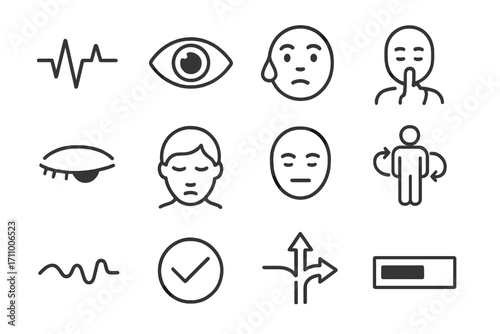 Truth vs Deception Icons. Line style icons of truth and deception indicators: heart rate line, pupil dilation, sweating icon,
