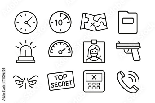 High-Stakes Interrogation Icons. Line style icons of high-stakes interrogations: time pressure clock, countdown icon, map on table