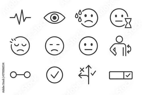 Truth vs Deception Icons. Line style icons of truth and deception indicators: heart rate line, pupil dilation, sweating icon,