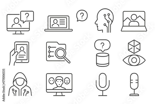 Tech Interrogation Icons. Line style icons of technological interrogations: screen-based questioning, digital evidence
