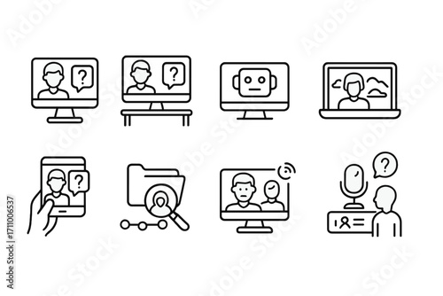 Tech Interrogation Icons. Line style icons of technological interrogations: screen-based questioning, digital evidence