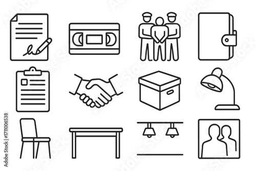 Interrogation Icons Set. Line style icons of interrogation aftermath: confession signed, tape labeled, suspect escorted, file