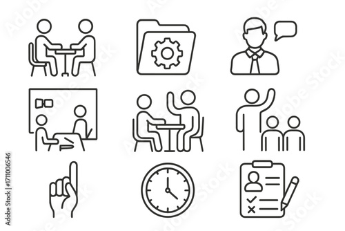 Interrogation Training Icons. Line style icons of training and roleplay interrogations: mock table scene, training folder,