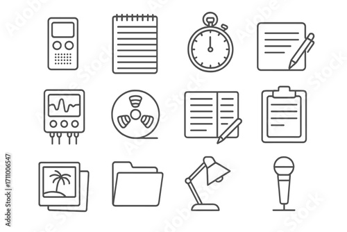 Interrogation Tools Icons. Line style icons of interrogation tools: digital recorder, legal pad, stopwatch icon, polygraph machine