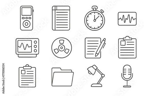 Interrogation Tools Icons. Line style icons of interrogation tools: digital recorder, legal pad, stopwatch icon, polygraph machine