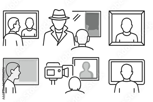 Two-Way Mirror Icons. Line style icons of two-way mirror scenes: observer behind glass, detective silhouette, headphones on viewer