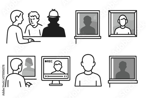 Two-Way Mirror Icons. Line style icons of two-way mirror scenes: observer behind glass, detective silhouette, headphones on viewer